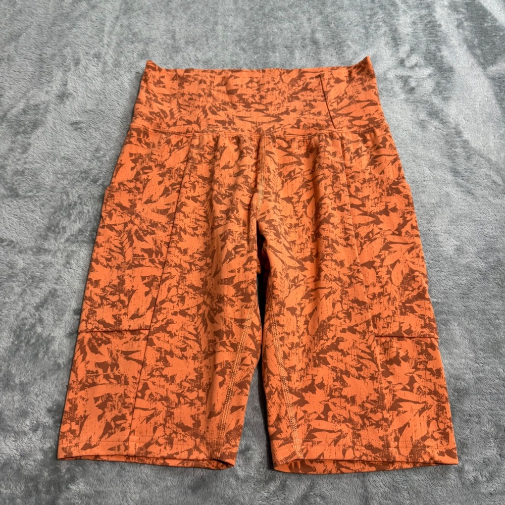 REI Co-op Womens Orange Leaf Print High Rise Biker Shorts Small Pockets Hiking